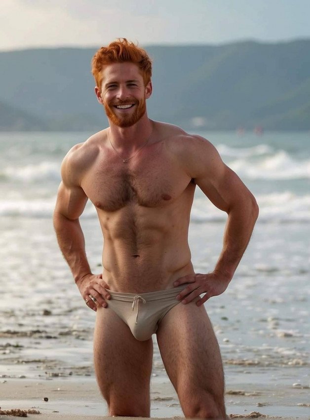 Photo by Nickplus33 with the username @Nickplus33, who is a verified user,  July 11, 2024 at 2:05 AM and the text says '#ginger #muscled #outdoors #bulge #beach #beard #otter  #chain #AI'