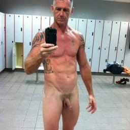 Photo by Nickplus33 with the username @Nickplus33, who is a verified user,  May 13, 2024 at 5:06 AM and the text says '#selfie #toned #daddy #ink #trimmed  #lockerroom #granddaddy'