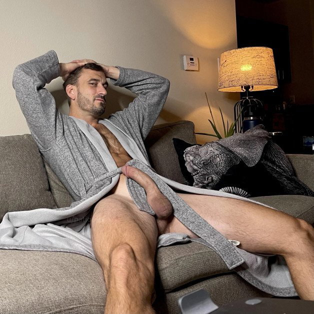 Photo by Nickplus33 with the username @Nickplus33, who is a verified user,  October 11, 2023 at 2:35 AM and the text says '#daddy #robe #longdick #hairy #manspread #balls #stache'