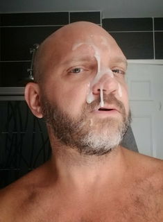 Photo by Nickplus33 with the username @Nickplus33, who is a verified user,  July 4, 2024 at 3:09 AM and the text says '#dilf #cumfacial #cum #cummybeard #beard #bald'