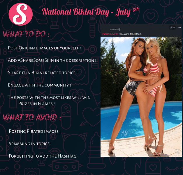 Photo by Sharesome with the username @Sharesome, who is a admin user,  July 3, 2019 at 3:46 PM and the text says 'New kinky and exciting CONTEST happening, people! 🎉

This Friday, July 5th, we’re celebrating National Bikini Day 👙!
We want to see some pictures in your sexiest bathing suits and reward you for them. Keep in mind, Original Content only!

📜📜📜 Here..'
