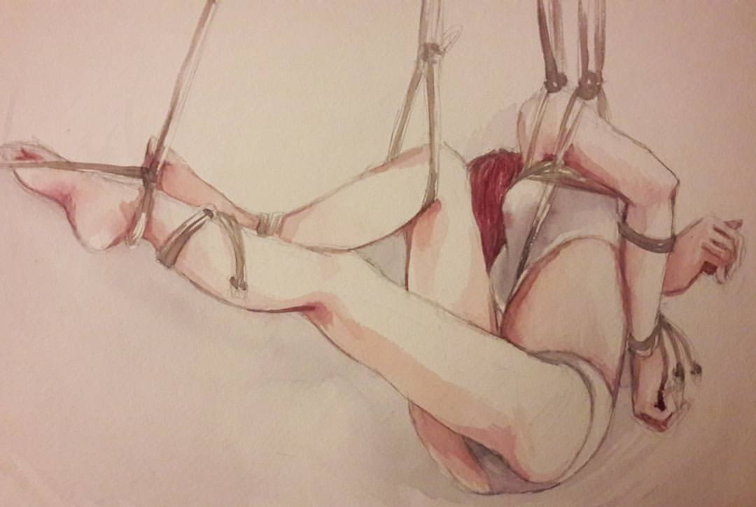 Photo by dominantse7en with the username @dominantse7en,  September 15, 2017 at 6:33 AM and the text says 'awful-critter:
Watercolored my last piece from shibari night
#art #lifedrawing #shibari #Watercolor #drawing #painting'