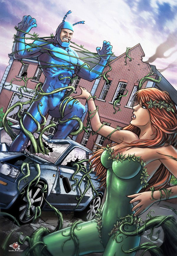 Photo by Justanotherguy with the username @Justanotherguy79,  January 15, 2017 at 4:07 AM and the text says 'carlrileyillustration:

#poisonivy vs #thetick #comicart #commission done in #pencil and coloured in #photoshop #dccomics #fanart #comic #dccomics #carlrileyart #carlrileyillustration #art #ivy #tick'