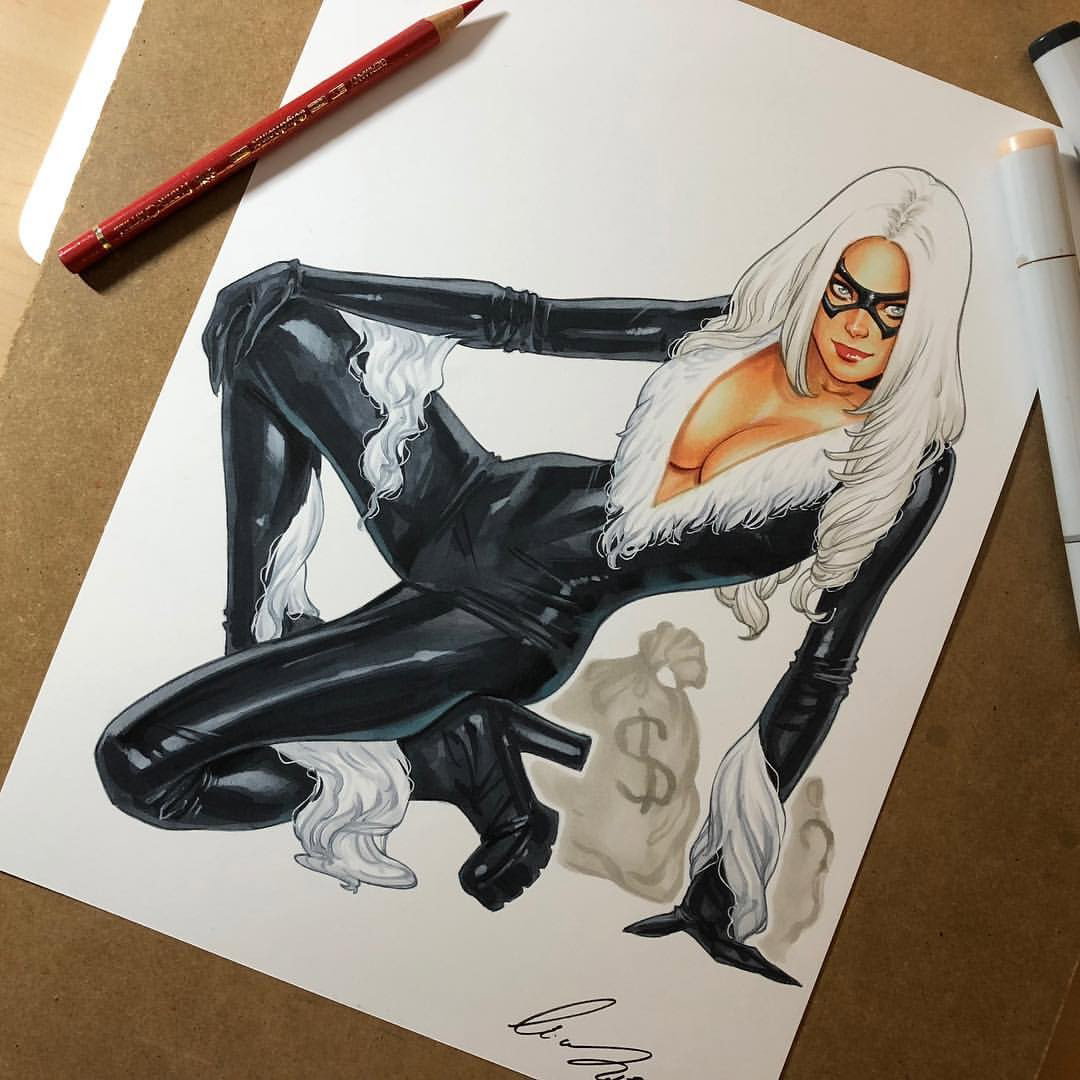 Photo by Justanotherguy with the username @Justanotherguy79,  October 22, 2018 at 12:02 AM and the text says 'eliaschatzoudis:

Watch the coloring process on my youtube channel “eliasChatzoudisArt” #blackcat #eliaschatzoudis #copicmarker #fabercastell #art #artist #comicart #comiccon #design #originalart #elias #copic #coverart #cover #commission #illustration..'
