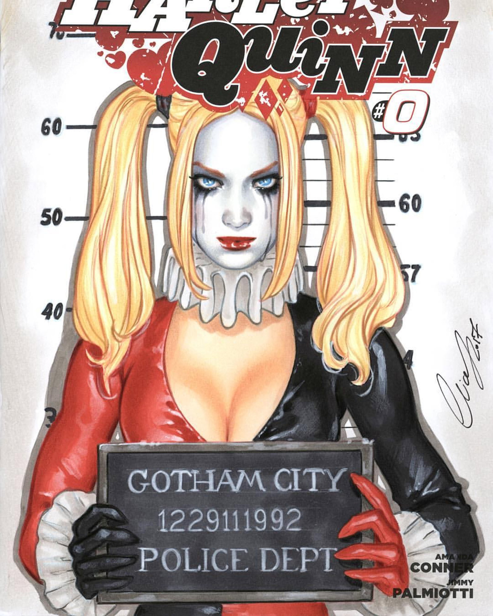 Photo by Justanotherguy with the username @Justanotherguy79,  February 3, 2017 at 2:43 AM and the text says 'eliaschatzoudis:#harleyquinn As requested(Like Adams Hughe’s Catwoman DC Cover) #copicmarkers #colorpencil #acrylics #eliaschatzoudis #chatgr #mugshot'