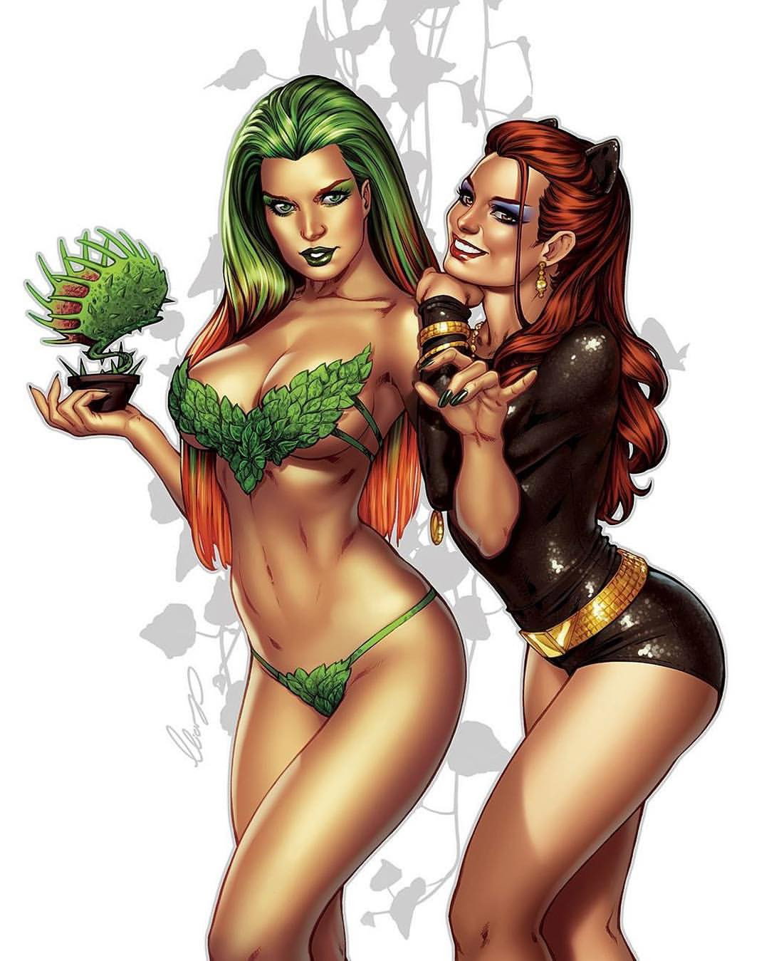 Photo by Justanotherguy with the username @Justanotherguy79,  December 30, 2017 at 2:07 PM and the text says 'eliaschatzoudis:Ready for New Year’s eve? The friendship is the most important thing after love, a small addition I did at Ivy’s piece…#poisonivy #catwoman #gothamcitysirens #eliaschatzoudis #chatzoudis'