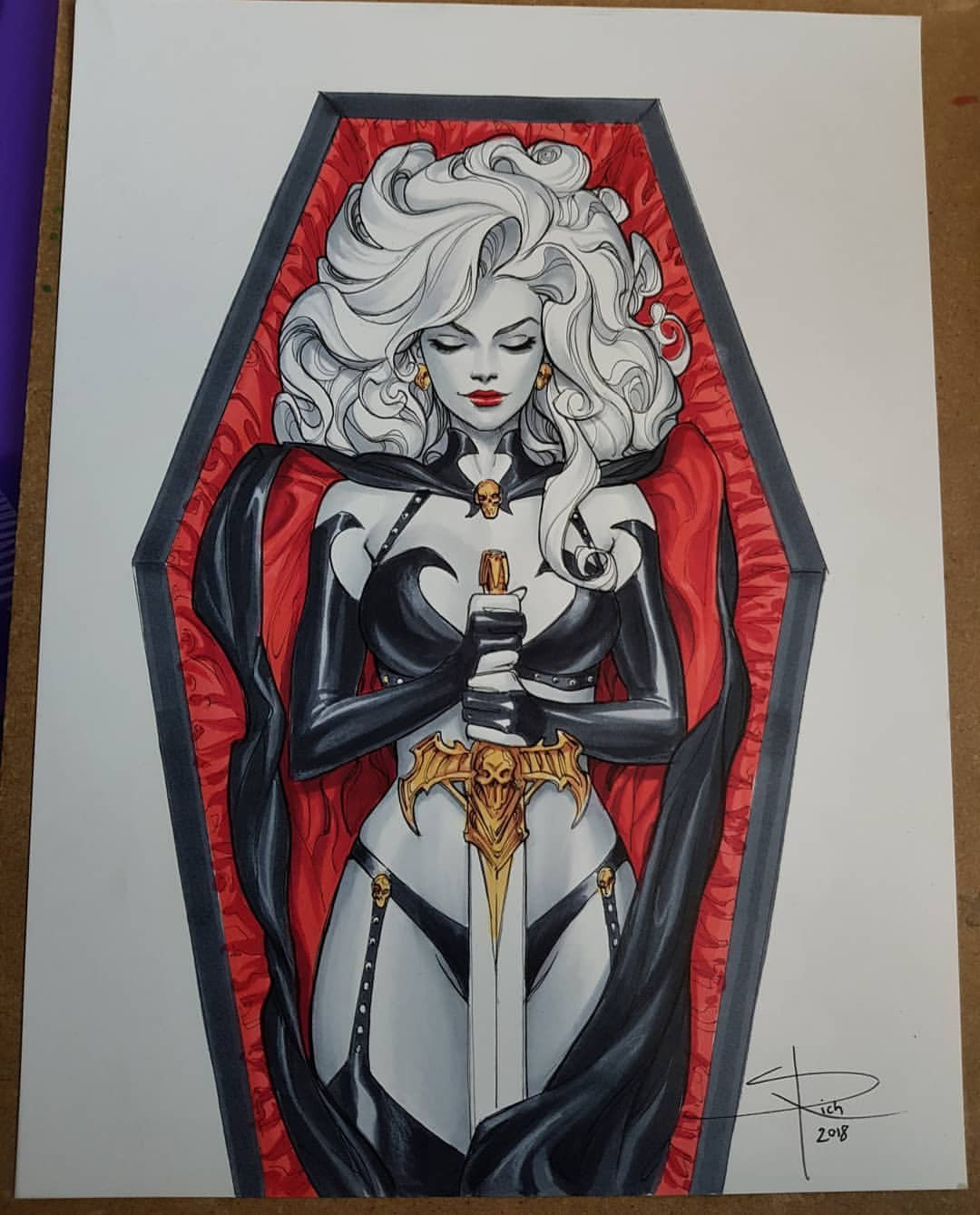 Photo by Justanotherguy with the username @Justanotherguy79,  August 5, 2018 at 11:03 PM and the text says 'sabinerich:

Lady Death commission done at Fantasy Basel. Even Lady Death needs her beauty sleep.  #commission #ladydeath @ladydeathofficial #coffincomics #coffin #copics #draw #sabinerich  (at Basel, Switzerland)'
