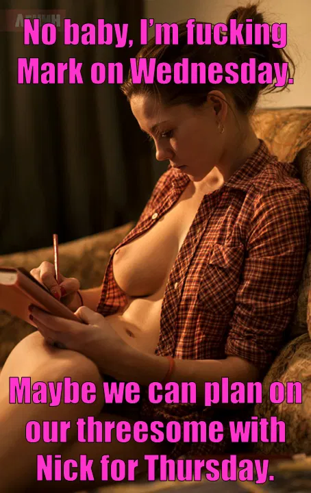 Photo by adultfictionsection with the username @adultfictionsection,  June 21, 2017 at 3:17 AM and the text says '#hotwife  #captions  #hot  #wife  #cuckhold  #threesome  #planning  #cheating  #nude  #braless  #big  #tits  #brunette  #cute  #open  #marriage  #sexy  #fucking  #blouse'