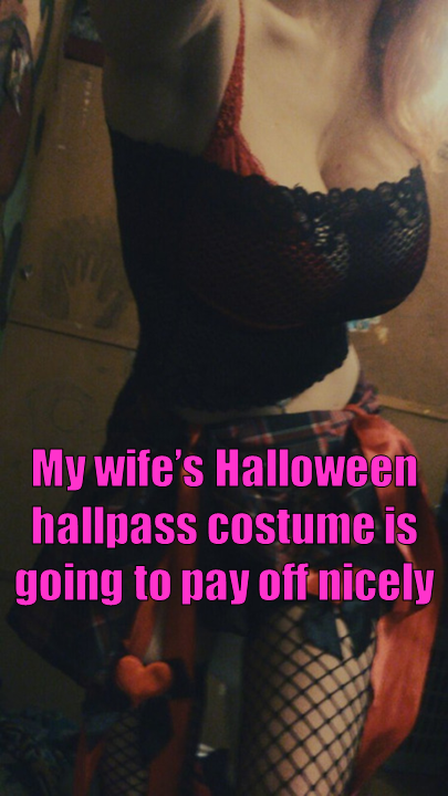 Photo by adultfictionsection with the username @adultfictionsection,  April 12, 2017 at 1:23 PM and the text says '#hotwife  #captions  #hot  #wife  #cuckhold  #hall  #pass  #halloween  #costume  #huge  #tits  #cosplay  #bra  #fishnets  #blonde  #cheating  #swinger  #flirty'