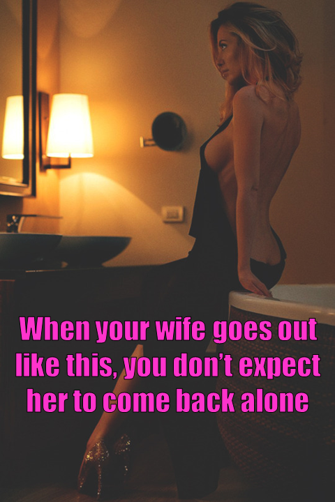 Photo by adultfictionsection with the username @adultfictionsection,  April 19, 2017 at 8:35 PM and the text says '#hotwife  #captions  #hot  #wife  #cuckhold  #dress  #slutty  #swingers  #going  #out  #backless  #braless  #cheating  #side  #boob  #blonde  #nice  #tits  #threesome'