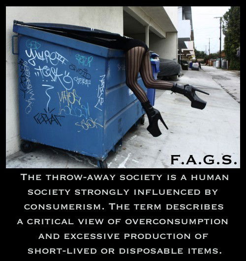 Photo by Emmasissy with the username @Emmasissy, who is a verified user,  September 4, 2017 at 2:34 PM and the text says 'faggotryngendersissification:
 The throw-away society is a human society strongly influenced by consumerism. The term describes a critical view of overconsumption and excessive production of short-lived or disposable items.
F.A.G.S'