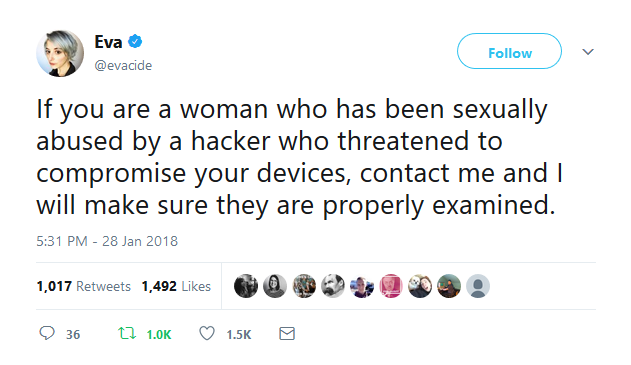 Photo by comfysexuality with the username @comfysexuality,  September 16, 2018 at 1:42 AM and the text says 'littlewitchlingrowan:
anexperimentallife:
The director of cybersecurity from the Electronic Freedom Foundation is offering to help women who have been threatened with compromise of their devices.

I better see EVERYBODY reblogging this'