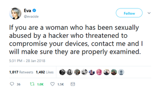 Photo by comfysexuality with the username @comfysexuality,  September 16, 2018 at 1:42 AM and the text says 'littlewitchlingrowan:
anexperimentallife:
The director of cybersecurity from the Electronic Freedom Foundation is offering to help women who have been threatened with compromise of their devices.

I better see EVERYBODY reblogging this'