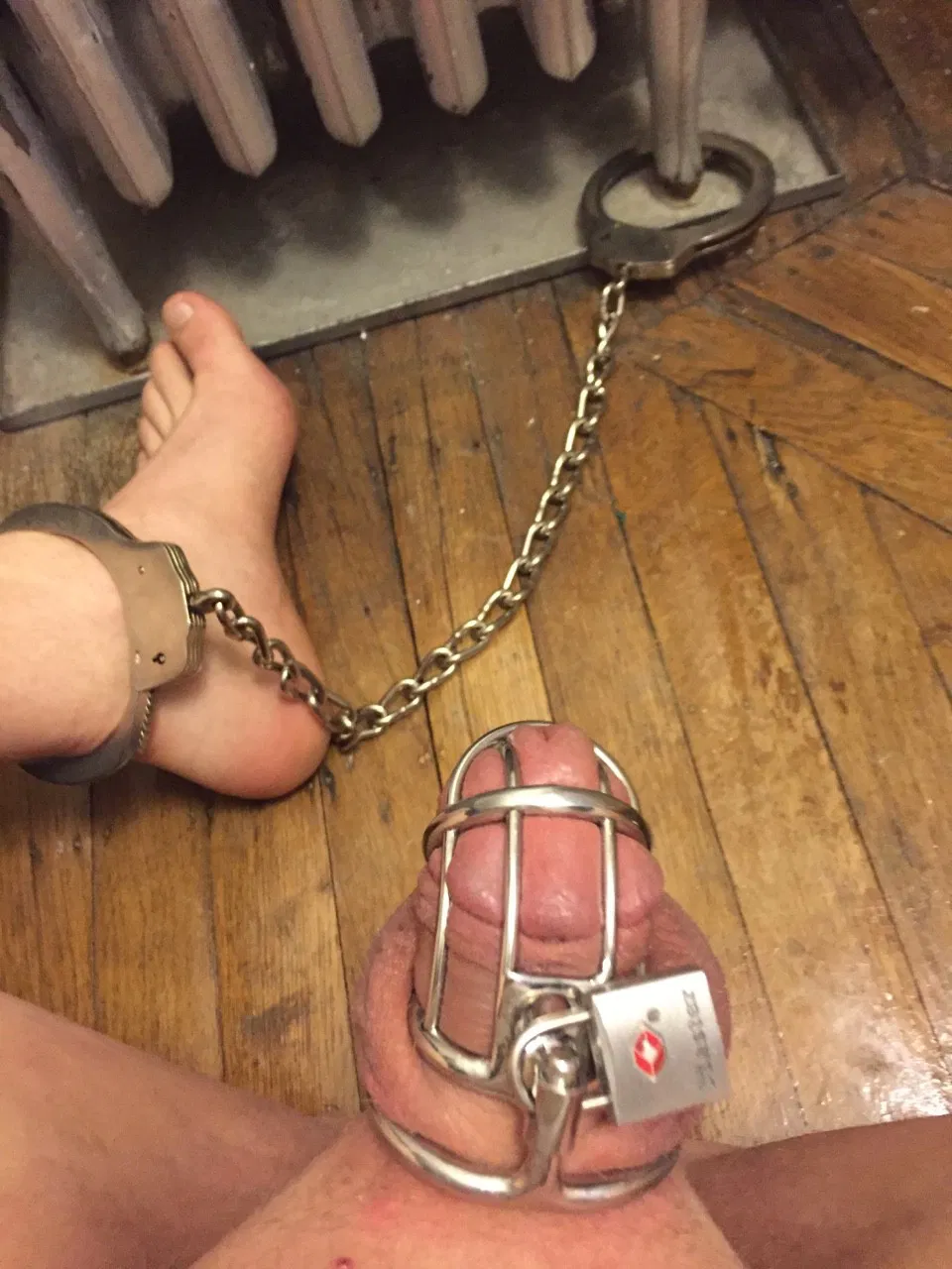 Photo by Rubberdoll Munich with the username @nachtnebel, who is a verified user,  January 24, 2019 at 2:23 PM. The post is about the topic Male Chastity and the text says 'so she always knows where her husband is. And what he doesn't ;-)
#chastity #chained #cuffed #MaleChastity'