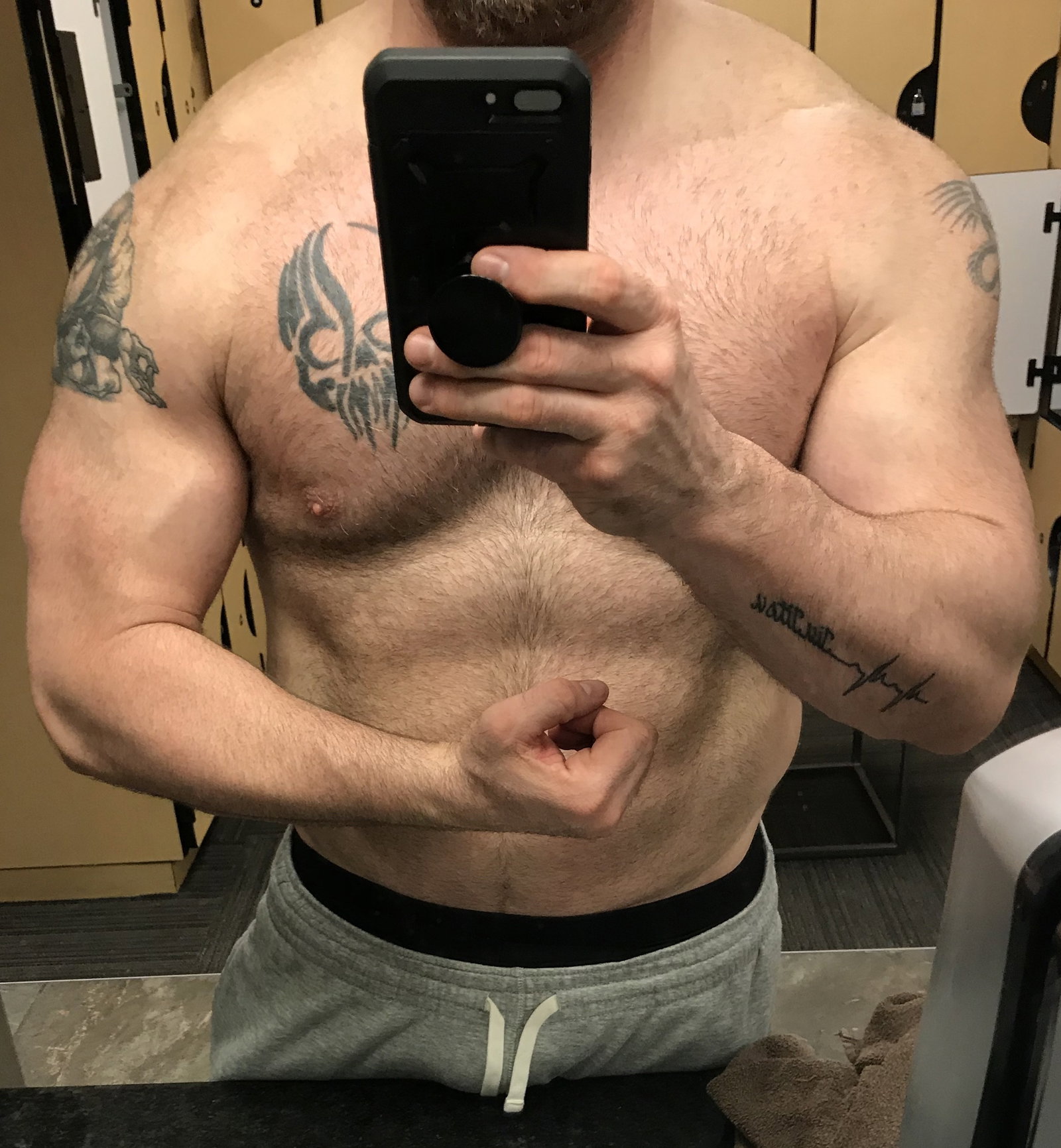 Photo by BigViking with the username @BigViking, who is a verified user,  January 22, 2019 at 9:02 PM and the text says 'A little post workout flex/pump action #muscle #hairy #bear #submissive #bi #bisexual'