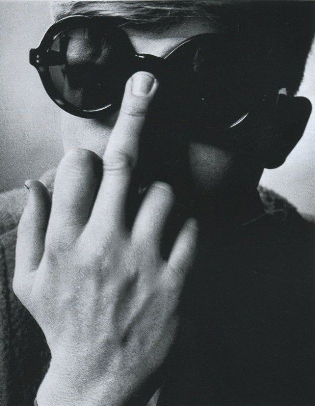 Photo by the fuck page with the username @thefuckpage,  May 1, 2017 at 1:49 AM and the text says 'Andy Warhol in Vogue, Feb 15th 1965 #thefuckpage  #fuck  #you  #middle  #finger  #andywarhol  #Vogue'