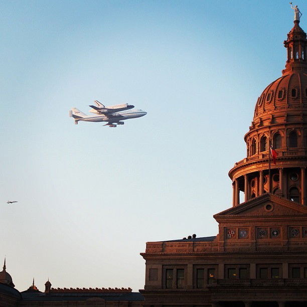 Photo by Cheftu with the username @Cheftu, who is a verified user,  September 20, 2012 at 3:30 PM and the text says 'instagram:

Space Shuttle Endeavour Flies from Texas to California

Want to see more photos of Endeavour? Check out the tags #spottheshuttle, #Endeavour, and #NASA to see more.

Space shuttle Endeavour is en route from Texas to Edwards Air Force Base in..'