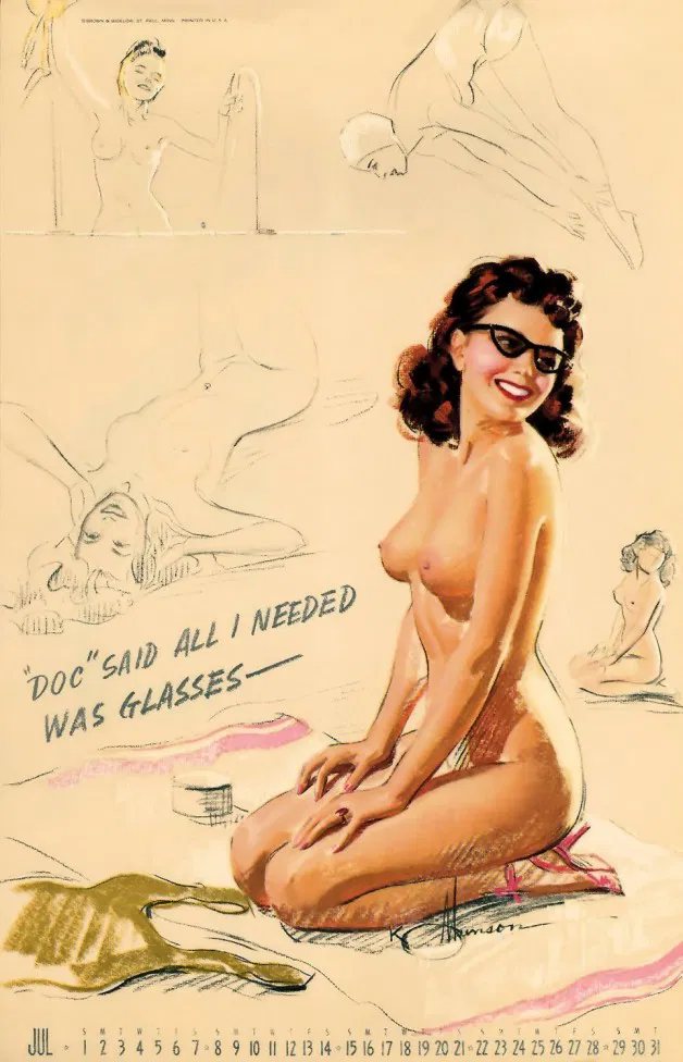 Photo by Swissarmycatdog with the username @Swissarmycatdog,  August 3, 2015 at 12:33 PM and the text says 'lovethepinups:

K.O. Munson - July 1945 Artist Sketchbook Calendar - “Doc” says all I needed was glasses&quot;'