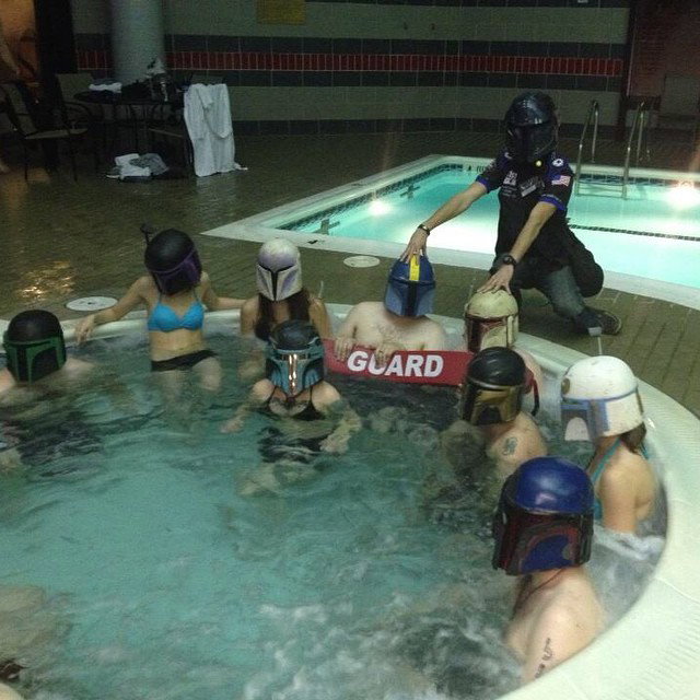 Photo by Swingtastic Toys with the username @swingtastic,  August 4, 2015 at 7:29 PM and the text says 'kiltedchro:

The traditional Post-Convention soak. #mandalorian #MandalorianMercs #hottub #jacuzzi #pool'