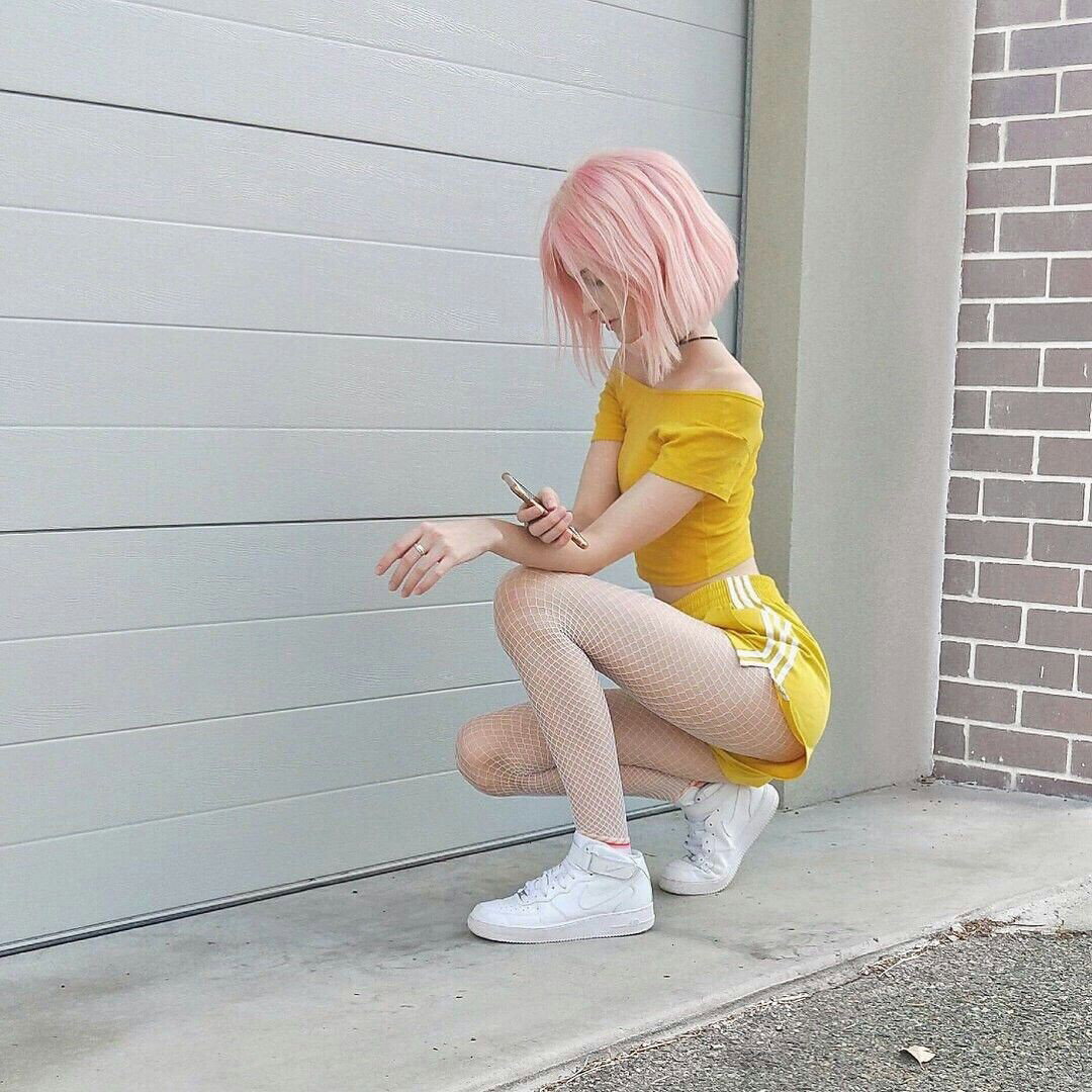 Photo by Sunsura with the username @Sunsura,  February 4, 2019 at 8:57 AM and the text says '#stocking  #yellowdress  #outfit  #outdoor  #outside  #girl  #cute  #fit  #body  #art  #legs  #hair  #pink'