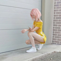 Photo by Sunsura with the username @Sunsura,  February 4, 2019 at 8:57 AM and the text says '#stocking  #yellowdress  #outfit  #outdoor  #outside  #girl  #cute  #fit  #body  #art  #legs  #hair  #pink'
