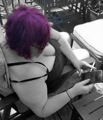 Photo by Dawn42D with the username @Dawn42D,  August 28, 2017 at 9:45 PM and the text says 'The purple haired goddess relaxing. She exudes sex appeal even just relaxing. #milf  #bbw  #wife  #hot  #wife  #hotwife  #bbw  #bbw  #wife  #slut  #wife  #slut  #sexy  #seductress  #smoking  #smokin  #hot  #smoking  #fetish  #smoke  #fetish  #sexy..'