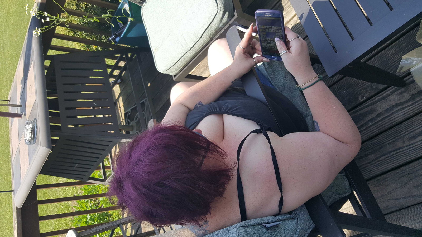 Photo by Dawn42D with the username @Dawn42D,  July 28, 2017 at 4:16 AM and the text says 'Sexy goddess showing her amazing cleavage while smoking. Happy Friday! #smoking  #downblouse  #cleavage  #unaware  #wife  #big  #naturals  #big  #beautiful  #woman  #bbw  #bbw  #wife  #sexy  #wife  #smoking  #wife  #smoking  #bbw  #wvhotbbw  #wvhb  #sexy ..'