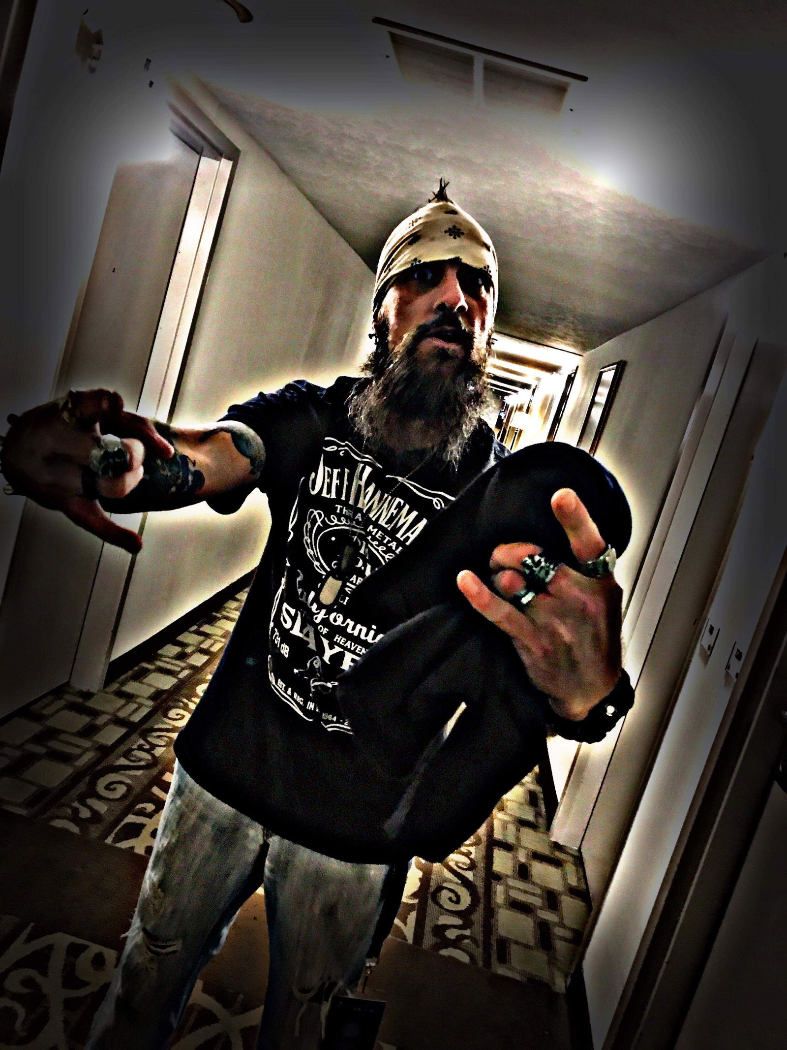 Photo by Robsloman with the username @Robsloman,  February 21, 2019 at 5:47 AM and the text says 'Rt before the Granada show ....just waiting to tear up the stage  we are WHITE KNUCKLE SLAVE its a metal band check us out on YouTube'