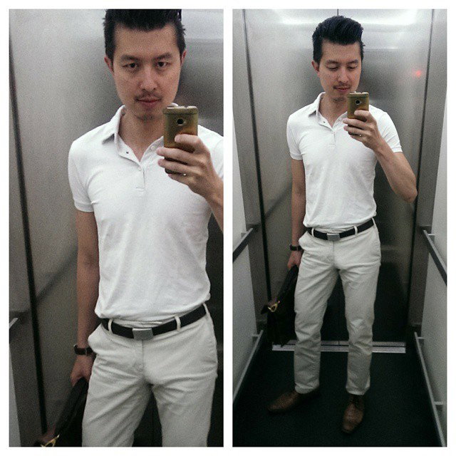 Photo by hartorsten with the username @hartorsten,  June 26, 2015 at 7:56 PM and the text says 'Another hot day! White polo and beige chinos trousers #maleselfie #maleselfie #gayvpl #me http://ift.tt/1NkeeCB #haraldtorsten  #Instagram'
