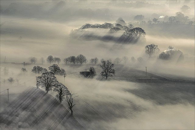 Photo by Firepower with the username @hungrygirls,  October 9, 2014 at 10:31 PM and the text says 'A New Day Dawns by Phil Selby on Flickr. #mist  #valeofpewsey  #wiltshire  #sunrise  #dawn'