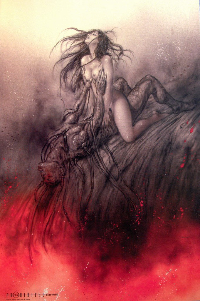 Photo by Firepower with the username @hungrygirls,  January 14, 2017 at 12:19 PM and the text says 'mistresseva-eroticaandmore:by luis royo #Dark  #Art  #demonic'