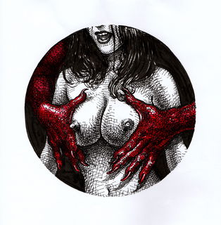 Photo by Firepower with the username @hungrygirls,  January 15, 2016 at 7:02 PM and the text says 'kerbcrawlerghost:

“SATAN LOVES YOUR TITS” 
Ink on paper, by Cristobal López 2015 (kerbcrawlerghost)
 #satan  #tits'