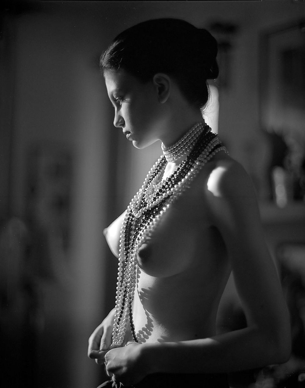 Photo by MatureFunGuy with the username @MatureFunGuy,  March 18, 2017 at 2:00 AM and the text says 'Beads &amp; Boobies #breasts  #arousal  #pearls  #nipples  #lighting  #nude'