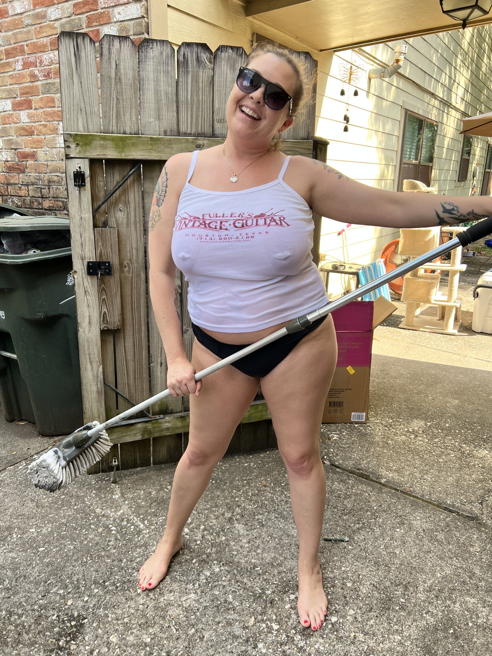 Photo by Denise La Fleur with the username @deniselafleur, who is a star user,  July 30, 2022 at 12:44 AM. The post is about the topic Wet T-Shirts and the text says 'Washed the truck, today!!!…😎'