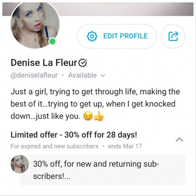 Album by Denise La Fleur with the username @deniselafleur, who is a star user,  February 22, 2022 at 1:49 AM. The post is about the topic OnlyFans and the text says 'Join my OnlyFans page!!!…30% off!!!  onlyfans.com/deniselafleur'