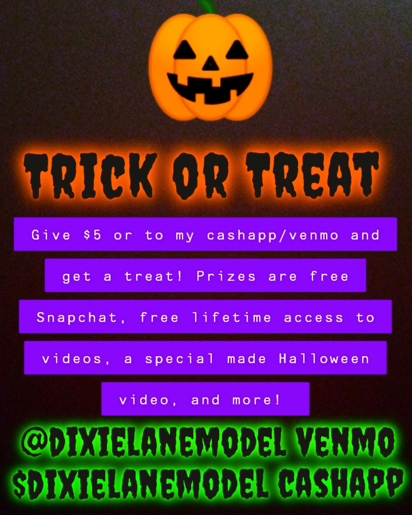 Photo by Modeldixielane with the username @Modeldixielane, who is a star user,  October 29, 2019 at 8:10 PM and the text says 'Trick or Treat! 🎃'