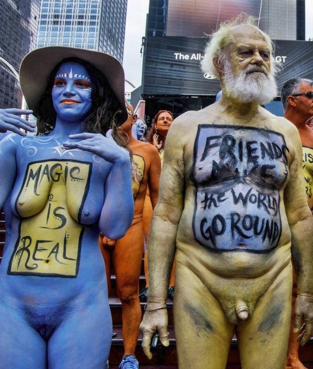 Photo by rt682 with the username @rt682,  March 6, 2022 at 7:40 AM. The post is about the topic Naked in public and the text says '#nude #naked #nudity #public #couple #bodypaint #body paint #NYC #Times Square'