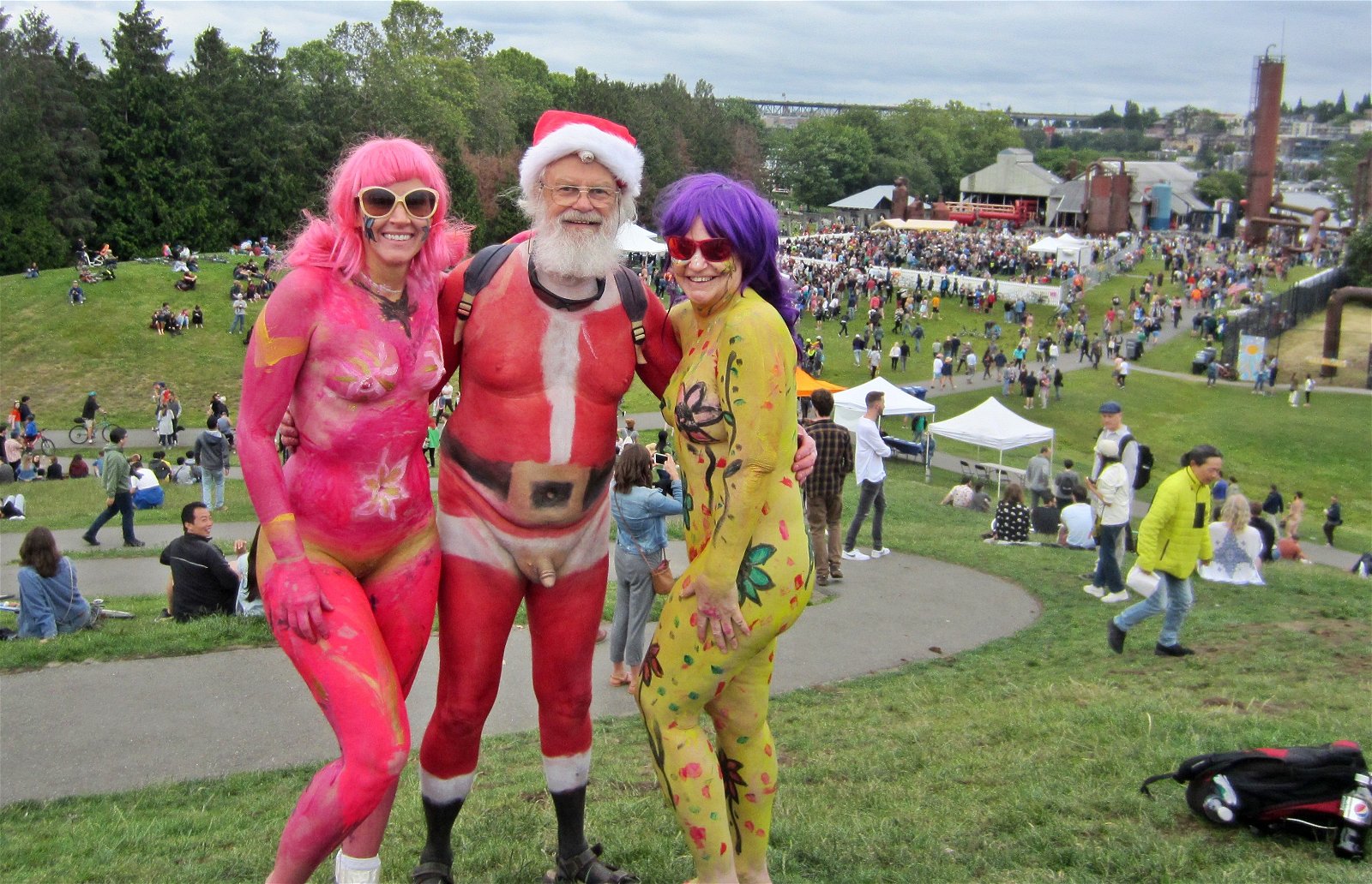 Photo by rt682 with the username @rt682,  December 25, 2020 at 8:10 AM. The post is about the topic Naked in public and the text says '#Merry Christmas #nude #naked #nudity #body paint #Seattle #Fremont Solstice Parade #nude in public'
