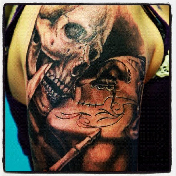 Photo by LifesShortPlayHard with the username @LifesShortPlayHard,  May 31, 2012 at 10:13 PM and the text says 'inkedmag:

#inked #inkedmag #tattoo #artist of the day Matt Zimmerman #tattoos #culture #style #art #skull #dayofthedead (Taken with instagram)'