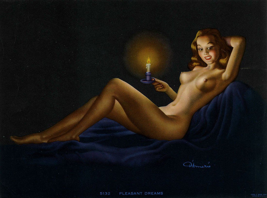 Photo by KonkeyDong80 with the username @KonkeyDong80,  May 26, 2016 at 2:37 AM and the text says 'gmgallery:

“Pleasant Dreams” by Frank D’Amario, 1940s
www.stores.eBay.com/GrapefruitMoonGallery
 #art  #woman  #pinup  #pleasant  #dreams  #frank  #d'amario  #40s  #boobs  #breasts  #tits  #candle  #hot  #sexy  #naked'