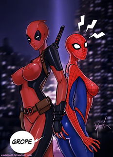 Photo by KonkeyDong80 with the username @KonkeyDong80,  September 13, 2016 at 12:43 AM and the text says 'sgeewiz:

Deadpool And Spiderman Genderbender by KannelArt 
 #marvle  #art  #super  #hero  #genderbend  #kannelart  #hot  #sexy  #deadpool  #spiderman  #grope  #boobs  #breasts  #tits  #marvel  #bum  #butt  #ass  #grab'