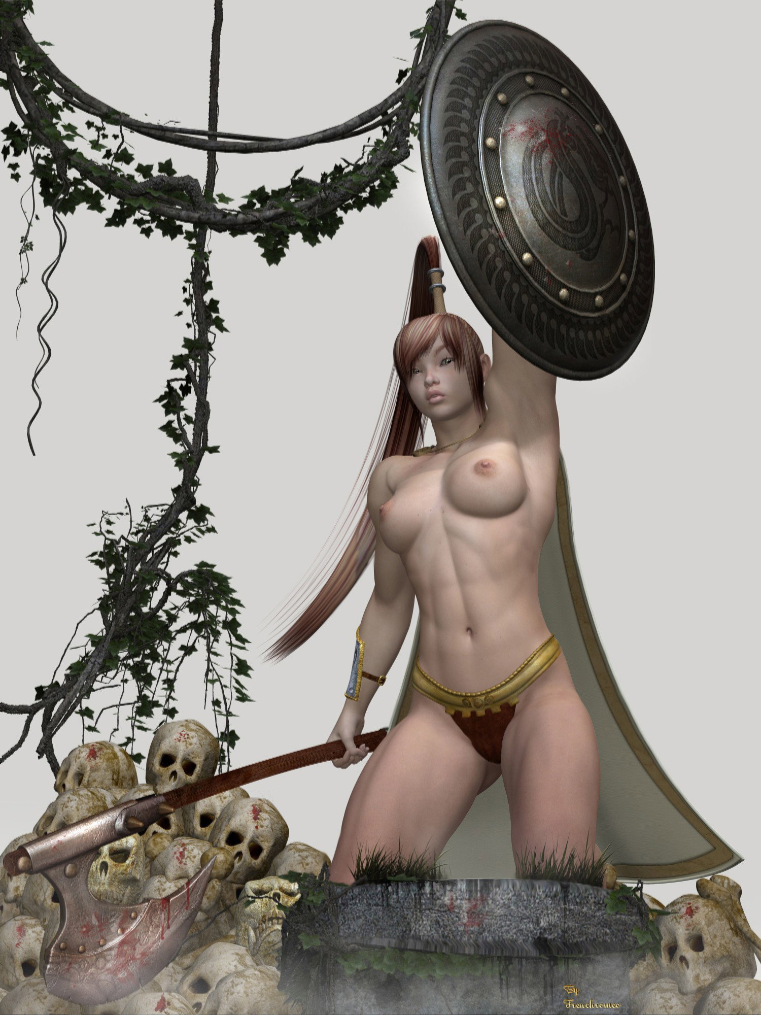 Photo by KonkeyDong80 with the username @KonkeyDong80,  July 29, 2017 at 1:43 AM and the text says '#girl  #woman  #fantasy  #art  #warrior  #boobs  #breasts  #tits  #hot  #sexy  #skulls  #blood  #battle  #shield  #axe'