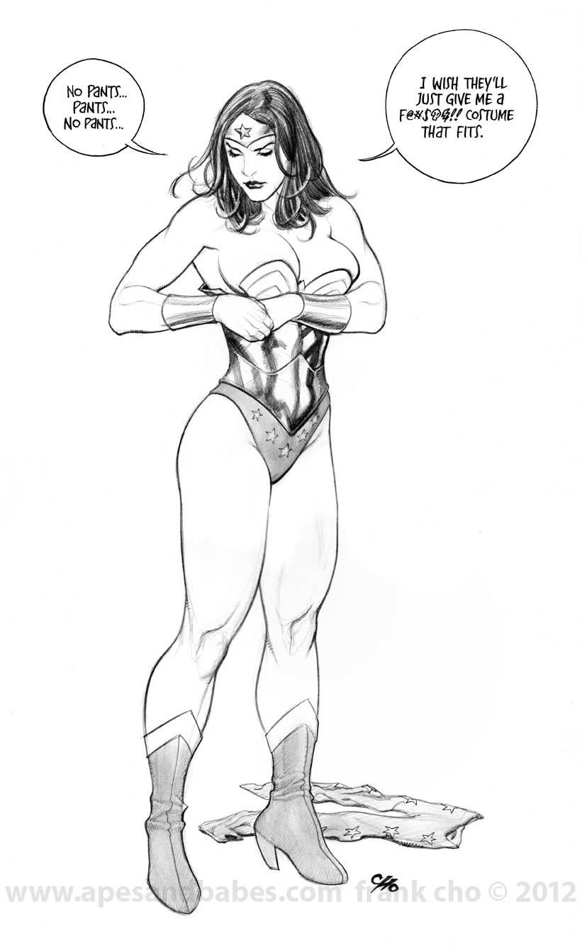 Photo by KonkeyDong80 with the username @KonkeyDong80,  January 23, 2017 at 3:17 AM and the text says 'geekearth:
Frank Cho - Costume Sketch Humor (Mildly NSFW) #girls  #women  #super  #hero  #art  #fantasy  #comic  #frank  #cho  #boobs  #breasts  #tits  #power  #girl  #bat  #girl  #wonder  #woman  #harley  #quinn  #she  #hulk'