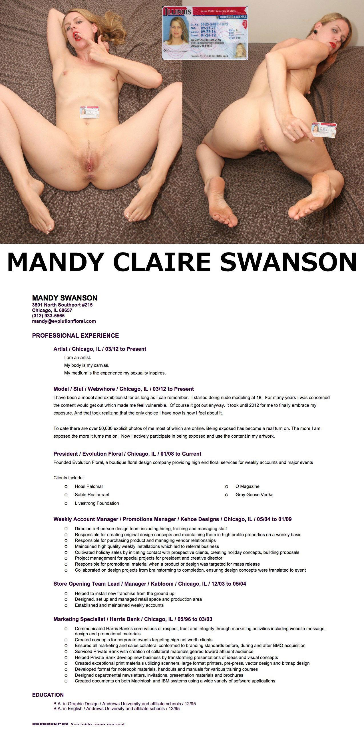 Photo by johndlokcuc with the username @johndlokcuc,  February 17, 2015 at 3:24 PM and the text says 'mandyswanson:Mandy-Claire Swanson
mandy@evolutionfloral.com #mandy  #claire  #swanson  #mandy-claire  #swanson  #DL  #slut  #wife  #tiny  #tits  #shaved  #pussy'