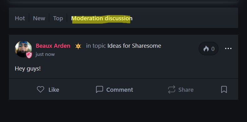 Watch the Photo by Beaux Arden with the username @BeauxArden, posted on July 24, 2019. The post is about the topic Moderation. and the text says 'Hello there fellow Mods!

Coming to you guys with some insight on a new feature we added this week - Moderation Discussion (MD).

This tab can be found in any topic, as long as you're listed as a Moderators. I've also highlighted it in this post...'