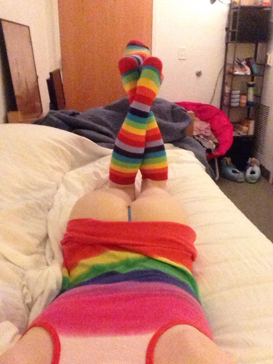 Photo by erinbutt with the username @erinbutt,  July 8, 2016 at 3:39 PM and the text says 'Got a rainbow tank top to go with my rainbow socks~ #ass  #crossdressing  #femboy  #twink  #butt  #g-string  #panties  #trap  #rainbow  #socks'
