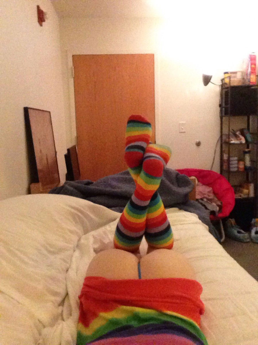 Photo by erinbutt with the username @erinbutt,  July 8, 2016 at 3:39 PM and the text says 'Got a rainbow tank top to go with my rainbow socks~ #ass  #crossdressing  #femboy  #twink  #butt  #g-string  #panties  #trap  #rainbow  #socks'