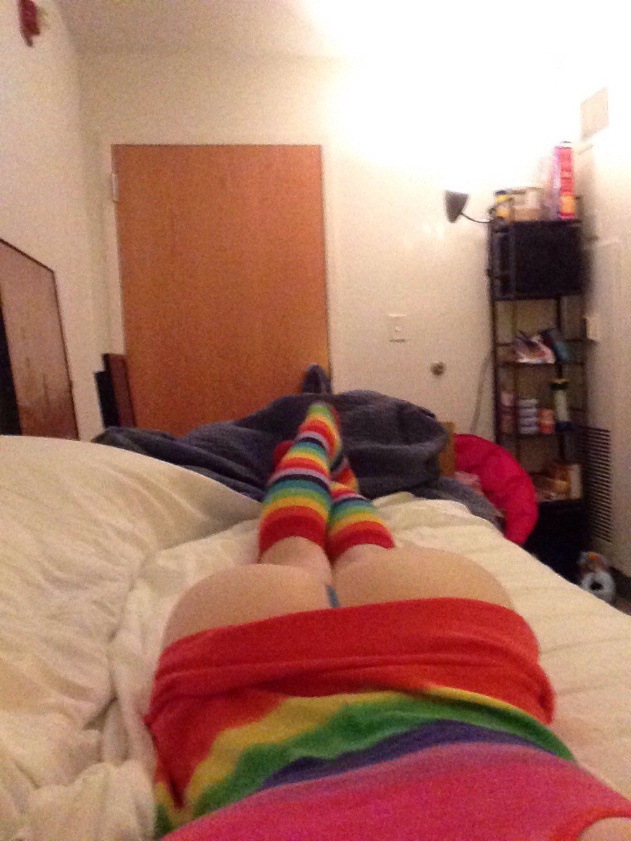 Photo by erinbutt with the username @erinbutt,  July 8, 2016 at 3:39 PM and the text says 'Got a rainbow tank top to go with my rainbow socks~ #ass  #crossdressing  #femboy  #twink  #butt  #g-string  #panties  #trap  #rainbow  #socks'