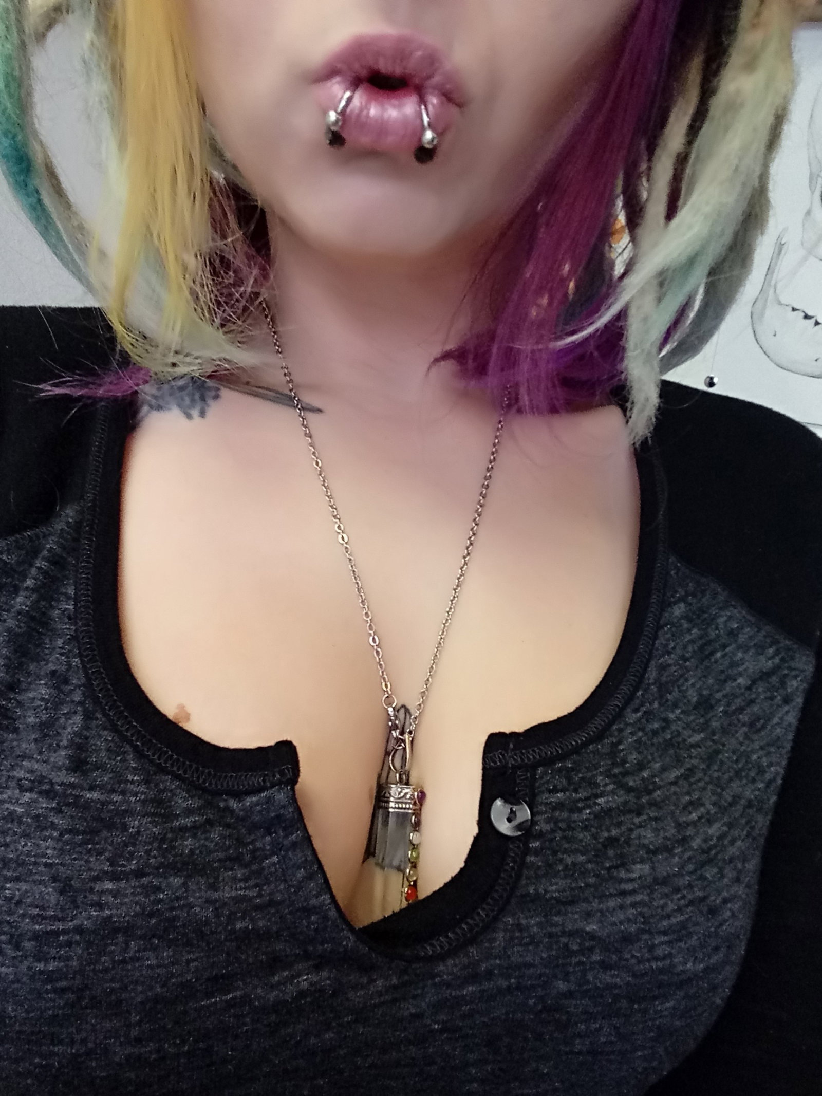 Photo by Princesskitten with the username @Princesskitten, who is a star user,  April 9, 2019 at 6:17 PM. The post is about the topic Hot Goth Girlfriend and the text says 'I wanna cum but Im stuck being a good girl at work 😒 Follow my only fans to see how naughty I have been being 😉'