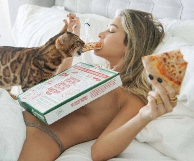 Photo by Ruinedcarpet with the username @Ruinedcarpet,  April 26, 2021 at 12:44 AM. The post is about the topic Amateurs and the text says '#Funny #Cat #Babe #Laying #InBed #Eating #Pizza #CatGirl #Topless #Amateur #Underwear #Blonde #Young #Thong #GfMaterial'